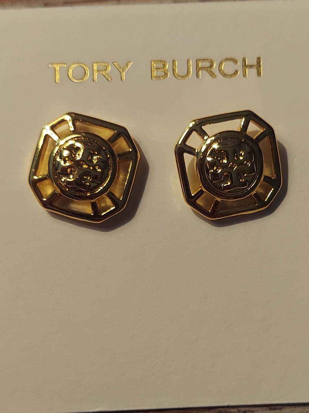 Tory Burch Hexagon Gold Logo Earrings